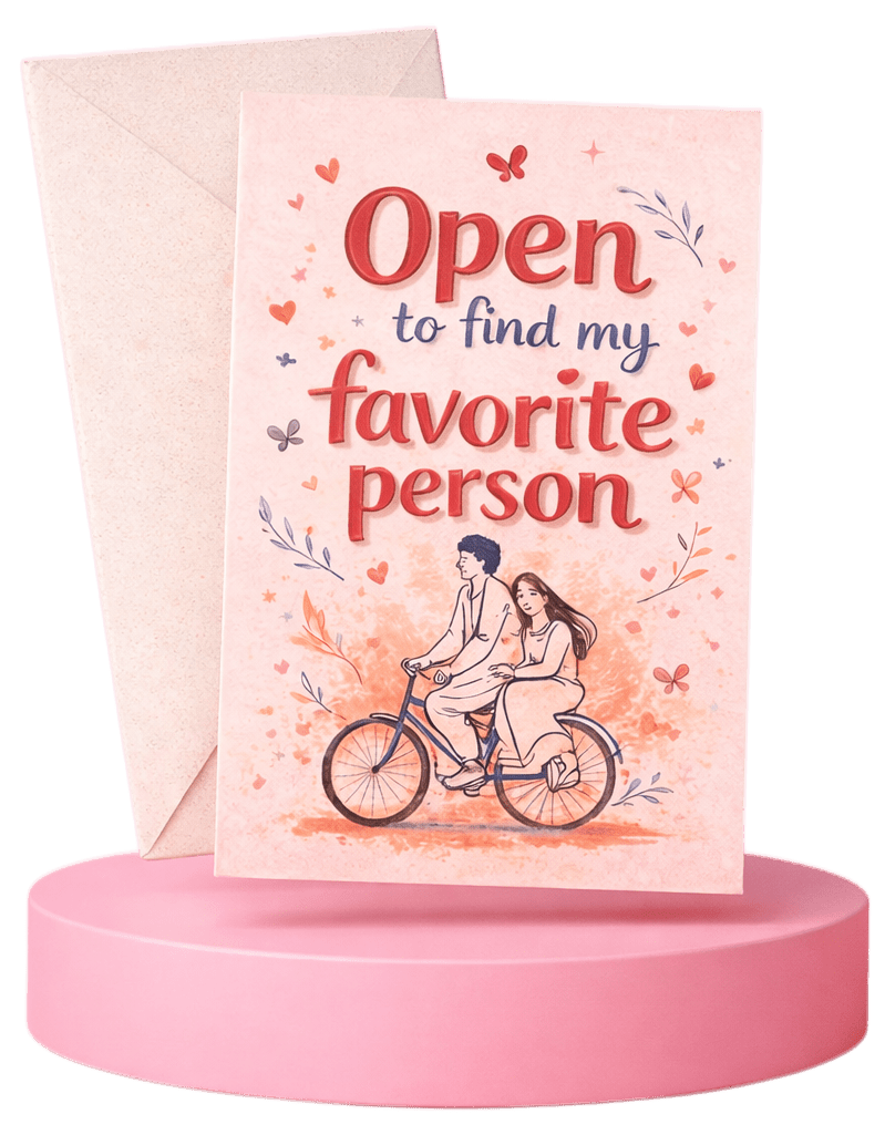Card with 'Open to find my favorite person' text on a pink stand